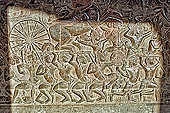 Angkor Wat temple, the bas-reliefs of the third enclosure. West Gallery Southern Part. Battle of Kuruksetra 